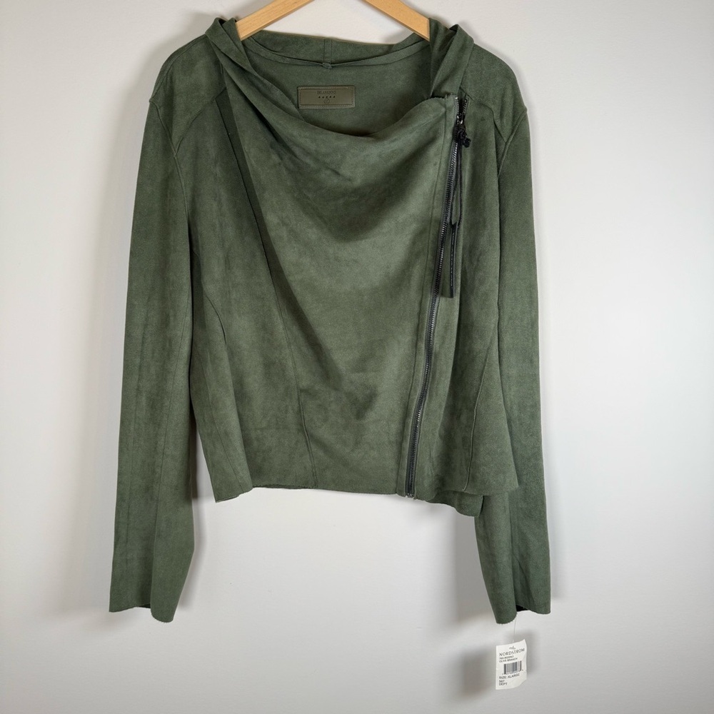 Blank NYC Faux Suede Drapey Zip Up Moto Jacket Coat Army Green Olive Size XL NWT